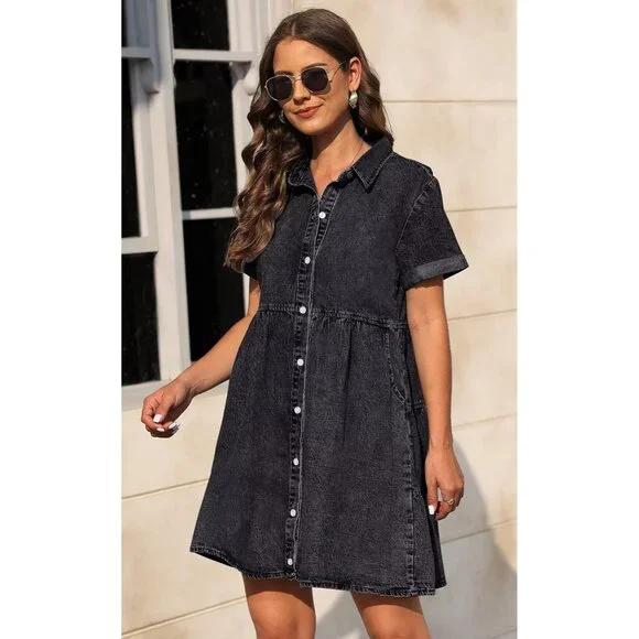 Women’s Denim Dress Cotton Blend Short Sleeve Pockets Babydoll Casual - Picture 5 of 6